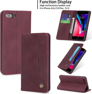 Produktbild von iPhone 8 Plus Hülle, LaimTop Retro Kunstledertasche Schutzhülle mit Kartenfach Standfunktion für iPhone 8 Plus / 7 Plus / 6 Plus / 6s Plus Rot