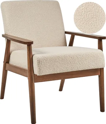 A beige bouclé armchair with dark brown wooden armrests and legs, shown against a white background. A circular inset shows a close-up of the bouclé fabric texture.