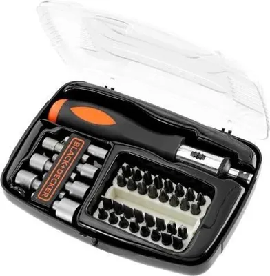 Immagine prodotto di Set di cacciaviti a cricchetto BLACK+DECKER A7062-XJ, 40 pezzi, con 32 punte per cacciavite e 7 chiavi a bussola