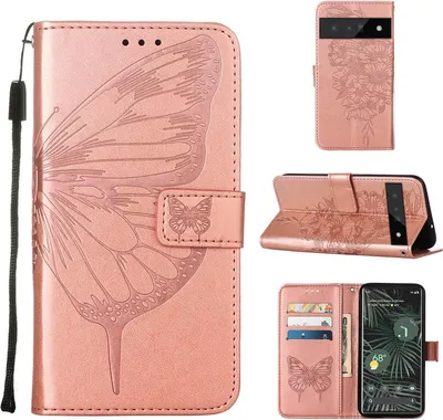 Produktbild von Google Pixel 6 Pro Hülle, Schmetterling Prägung Flip Leder Kartenfächer Schutzhülle Ledertasche mit Ständer für Google Pixel 6 Pro Roségold