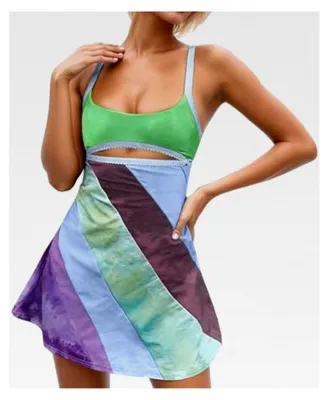 Produktbild von Damen Minikleid Y2K Casual A-Linie mit Blumendruck und Kontrastfarbe, Sommerkleid mit U-Ausschnitt und Rückenfrei, figurbetontes Freizeitkleid im Vintage-Stil der 90er Jahre, Trägerkleid und Wickelkleid