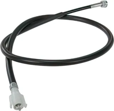 A black cable with silver and white connectors against a white background.