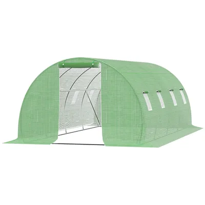 Image de Serre de jardin en tunnel Outsunny, 18 m², dimensions 6 x 3 x 2 m, 8 fenêtres, porte enroulable avec fermeture éclair, armature en tubes d'acier galvanisé, bâche en PE haute densité, couleur verte