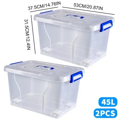 Obrázek produktu pro Sada 2 úložných boxů – stohovatelné s víkem – 45 l – s kolečky – z PP plastu