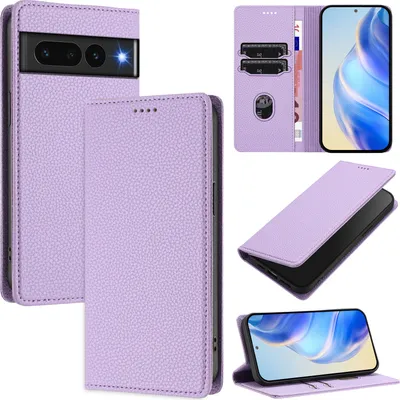 Produktbild von Litchi Leder Handyhülle für Google Pixel 7 Pro Wallet Kartenfächer Standfunktion Hülle Violett