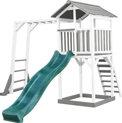 Image de AXI Beach Tower Tour de jeux en bois blanc & gris | Maison de jeux pour enfants avec toboggan vert, portique d'escalade et bac à sable | Maison sur pilotis pour le jardin