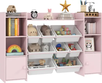 A pink toy storage shelf unit filled with various toys and books.