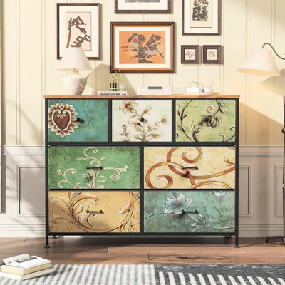 Immagine prodotto di Comodino vintage con 7 cassetti, mobile contenitore con struttura in metallo, cassettiera rustica per soggiorno e camera da letto, dimensioni 100 x 30 x 100 cm