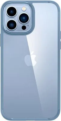 The back of a clear blue iPhone 13 Pro case with the Apple logo visible through it.