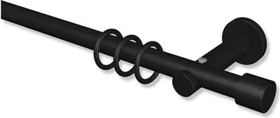 A black curtain rod with rings and a bracket, shown on a white background.