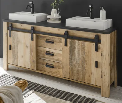 Produktbild von Doppelwaschtisch "Stove" in Used Wood hell und anthrazit Set inkl. 2x Waschbecken