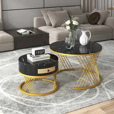 Produktbild von Merax 2er Set Couchtisch in Marmoroptik mit Regal Rund Ø70 x 45cm und Ø50 x 38.5cm, Beistelltisch mit Schublade und goldenen Metallrahmen, Wohnzimmetisch Sofatisch