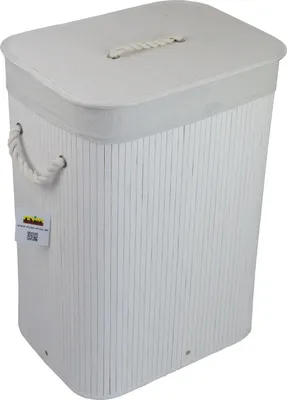 A white bamboo laundry basket with a lid and rope handles, shown against a white background.