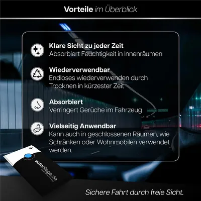 A dark, atmospheric image showing a car interior with a tunnel visible through the windshield. A graphic overlay lists the benefits of the product.