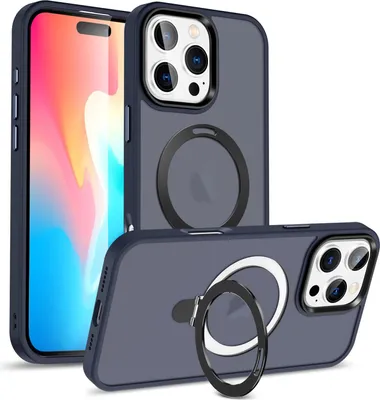 Two dark gray phone cases with magnetic rings are displayed against a white background. One case is shown from the front, showcasing the phone screen, while the other is shown from the back, highlighting the camera module and the magnetic ring.