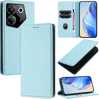 Produktbild von Litchi Leder Handyhülle für Tecno Camon 20 Pro 5G Wallet Kartenfächer Standfunktion Hülle Hellblau