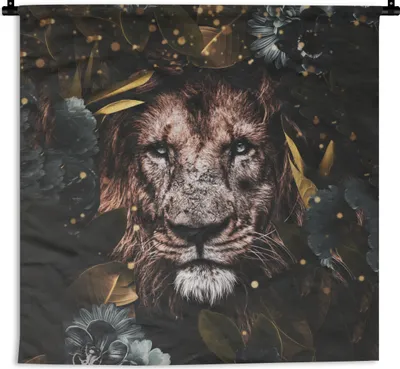 Produktbild von MuchoWow® Wandteppich Wandbehang Löwe - Wilde Tiere - Blumen - Licht 150x150 cm Tapisserie Dekoration Wandtuch - Wohnaccessoires - Modernes