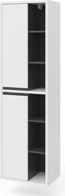 A tall, narrow cabinet with two sections, each with a sliding door on the left and open shelves on the right.