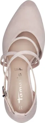 A top-down view of a single beige women's flat shoe with crossed straps.