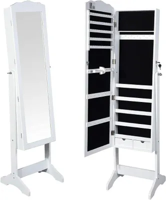 Produktbild von Silecomplaza Spiegel Schmuckschrank Schmuckschrank Spiegel mit Tür und Schubladen Farbe Weiß, Schrank Organizer Schmuckhalter (Michela)