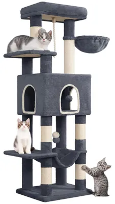 Image de Arbre à chat - Arbre d'escalade - 149 cm de haut - 3 niveaux - 5 poteaux à griffer - niche - grandes surfaces de repos - gris