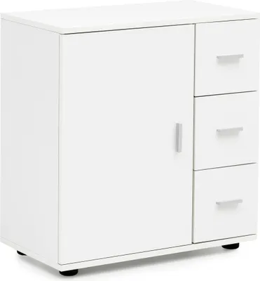 Produktbild von WOHNLING Badschrank WL5.877 Weiß 60x65,5x33 cm Midi-Schrank mit Tür & Schubladen Kleiner Beistellschrank Matt Badregal Schmal Freistehend