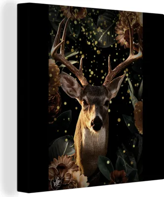 Produktbild von OneMillionCanvasses® - Obraz na plátně - Jelen - Zvířata - Světlo - Květiny, nástěnná malba, nástěnné dekorace obrazy obývací pokoj, 90x90cm