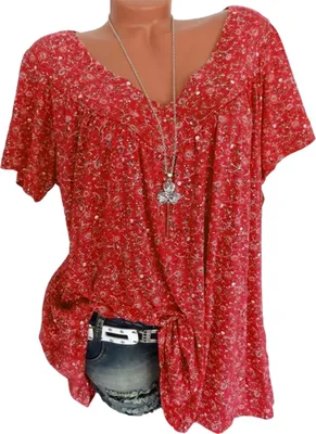 Produktbild von Lenago Damen-T-Shirt mit Blumenmuster, Übergröße, kurzärmelig, V-Ausschnitt, plissiert, lässig, fließend, Tunika, Bluse, Tops