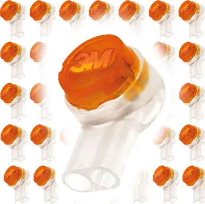 A group of electrical wire connectors with orange tops and clear bodies, arranged on a white background. One connector is in the foreground and is larger than the others.