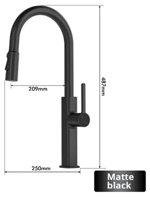 Immagine prodotto di Miscelatore per lavello da cucina - Montaggio monoblocco - Girevole a 360° - Doccetta estraibile - 2 tipi di getto - Acqua calda e fredda - Ottone - Nero opaco