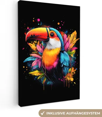Produktbild von MuchoWow® - Leinwandbilder - Graffiti - Vogel - Tukan - Blätter, Wandbild, Wanddeko Bilder Wohnzimmer, 20x30cm