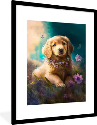 Produktbild von MuchoWow® Gerahmtes Poster Welpe - Blumenkranz - Schmetterling - Hund - Golden Retriever 60x80 cm - Poster mit Schwarzem Bilderrahmen Wandposter Rahmen Foto Bilder - Wohnzimmer - Dekorationen - Prämie