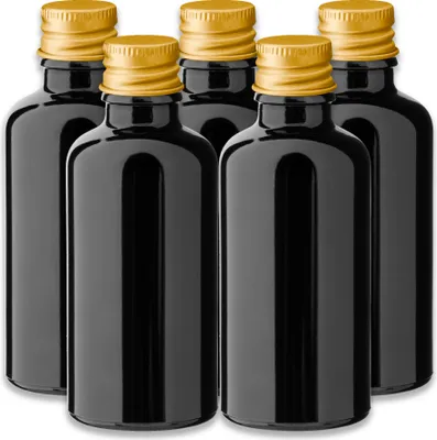 Produktbild von 5x Glasflasche schwarz 50 ml mit goldenem Aluminium Schraubverschluss