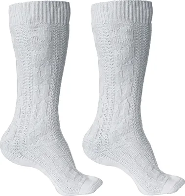 Vorderansicht eines einzelnen Paares bayerischer Trachtensocken mit elegantem Zopfmuster, gefertigt aus weichem Baumwollmix für Komfort und Langlebigkeit. Ideal zu Lederhosen, Oktoberfest-Outfits und traditioneller deutscher Tracht.