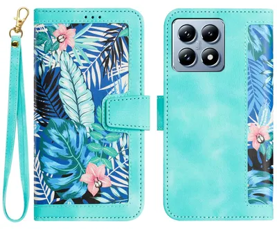 Produktbild von Für Xiaomi 14T Kunstleder Wallet Handy Tasche Blumen Design Hülle Etuis Grün