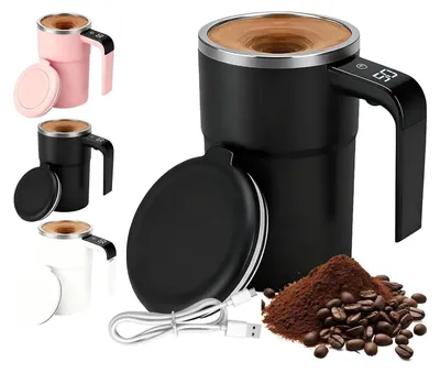 Produktbild von 380ml Selbstrührender Kaffeebecher, Magnetische Selbstrührende Tasse mit Temperaturanzeige, Wiederaufladbarer intelligente kaffeetasse mit Deckel