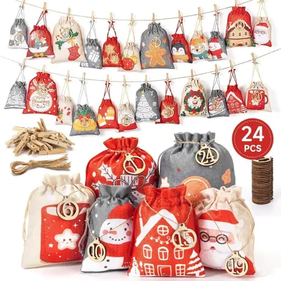 Produktbild von Adventskalender zum Befüllen 24 Säckchen Stoff Rot Beige Grau verschiedene Größen inkl. Zubehör