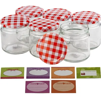 Image de Pot en bocal en verre - Pot à confiture 210 ml - Lot de 6 - Couvercle à vis - Avec étiquettes