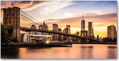 Produktbild von Tulup® Glas-Bild - 100x50 -Wandkunst - Wandbild hinter gehärtetem Sicherheitsglas  - Sehenswürdigkeiten & Architektur - Brooklyn-Brücke - Gelb