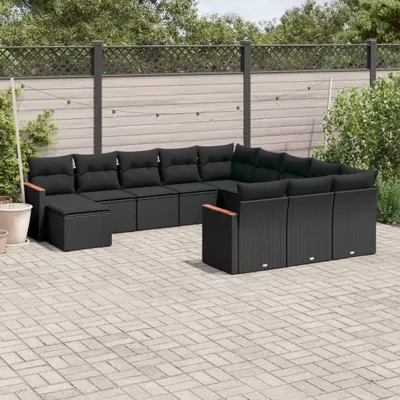 Produktbild von Design 12-tlg. Garten-Sofagarnitur mit Kissen Schwarz Poly Rattan, Gartenmöbel-Sets 2024 Neu