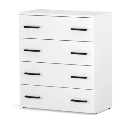 A white chest of drawers with black handles against a white background.