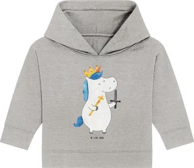 Produktbild von Mr. & Mrs. Panda Organic Baby Hoodie Einhorn König mit Schwert 12. - 18. Monat - Heather Grey - Geschenk, Unicorn, Kapuzenshirt, Ritter, Mittelalter, Kapuzensweatshirt
