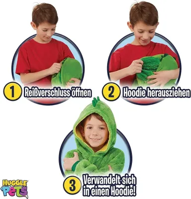 Grüner Dinosaurier Huggle Pets Hoodie, der sich von einem gefalteten Plüschtier in einen tragbaren Hoodie für ein Kind verwandelt