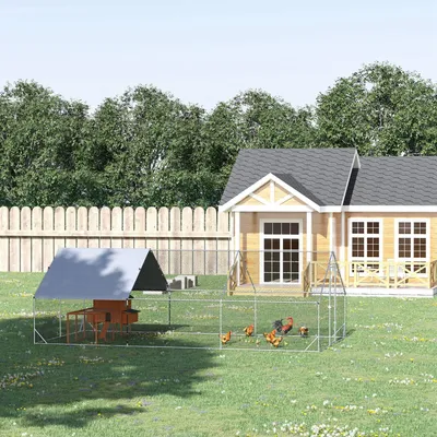 Image de Poulailler avec enclos extérieur accessible, volière pour volaille avec toit ombragé, grillage hexagonal, couleur argent | 300 x 600 x 200 cm | pour 4 à 6 poules | 42 kg