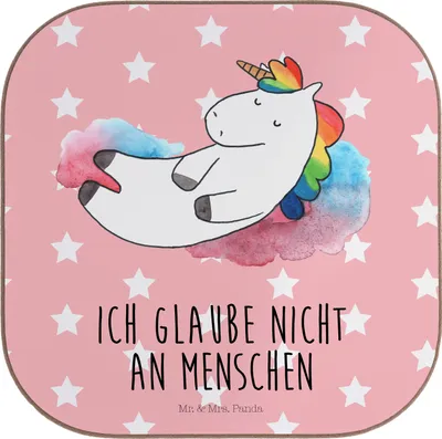 Produktbild von Mr. & Mrs. Panda Untersetzer für Gläser Einhorn Wolke 7 - Rot Pastell - Geschenk, Lächeln, gläseruntersetzer, Coaster, Tassenuntersetzer, Holzuntersetzer, Einhörner