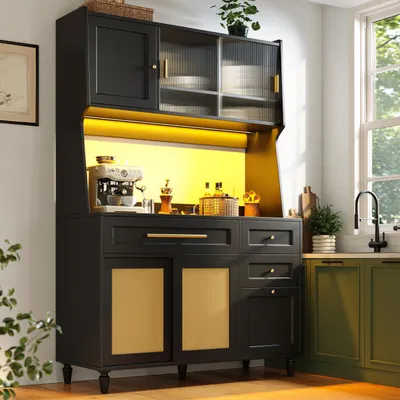Produktbild von okwish Vitrine mit Platten für Küche und Wohnzimmer,Buffetschrank mit Verstellbaren Ablagen und 3 Schubladen,Sideboard mit LED-Beleuchtung, PE-rattan,schwarz