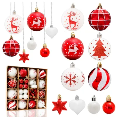 Weihnachtskugeln 38-tlg., rot/weiß, 6/3 cm, Kunststoff, bruchsicher