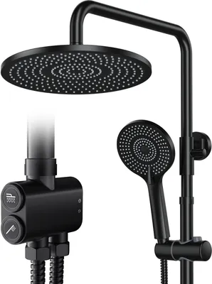 A black shower system with a rain shower head and a handheld shower head.