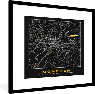 Produktbild von MuchoWow® Gerahmtes Poster München - Karte - Stadtplan - Gold - Deutschland 40x40 cm - Poster mit Schwarzem Bilderrahmen Wandposter Rahmen Foto Bilder - Poster - Plakat im Rahmen