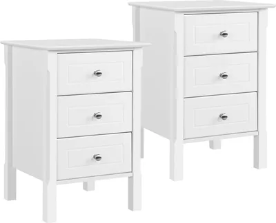 Two white nightstands with three drawers each are shown against a white background.